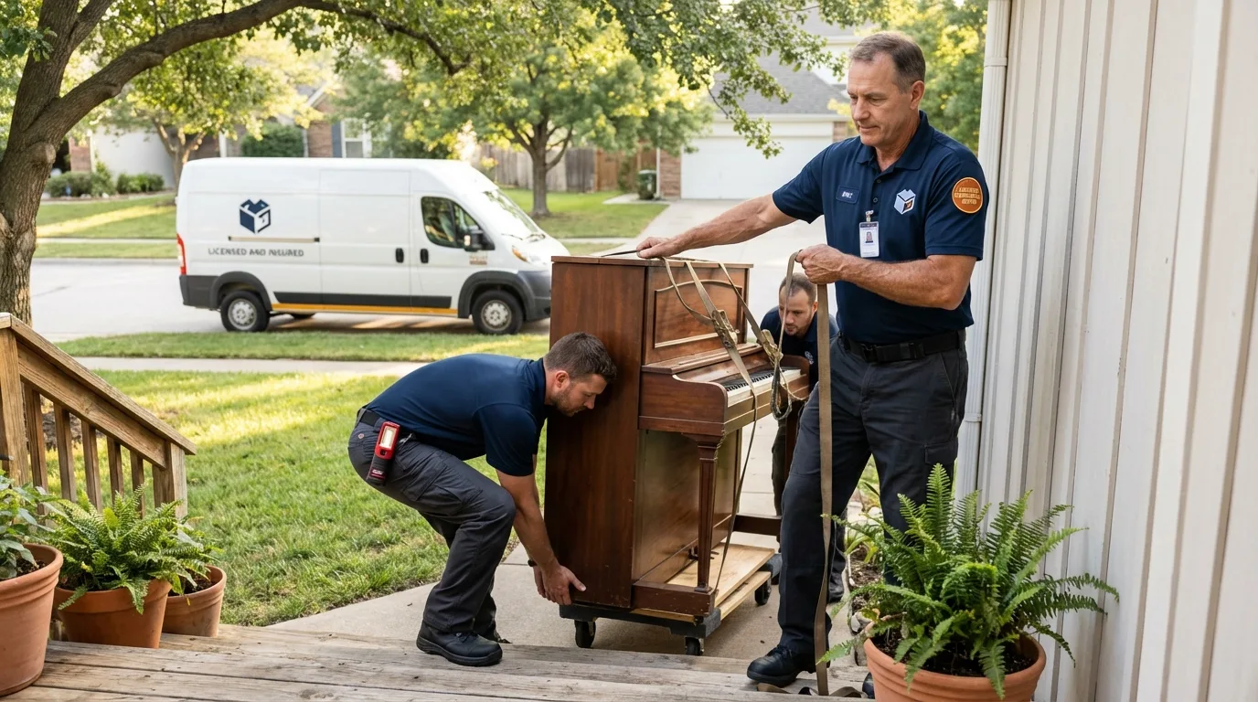 Licensed piano movers securing grand piano in Banks, OR