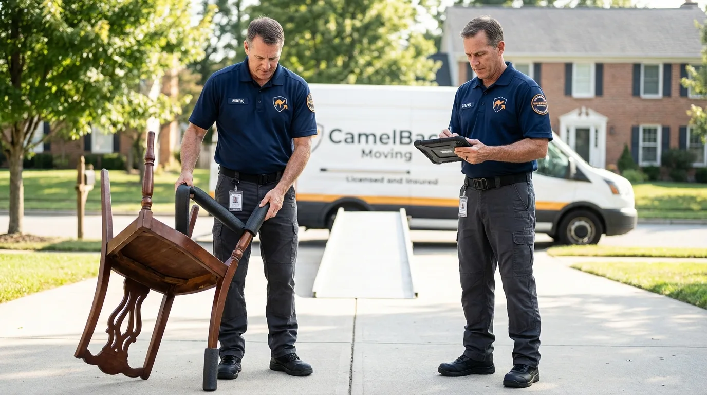 Movers inspecting furniture for damage prevention before loading in Banks, OR