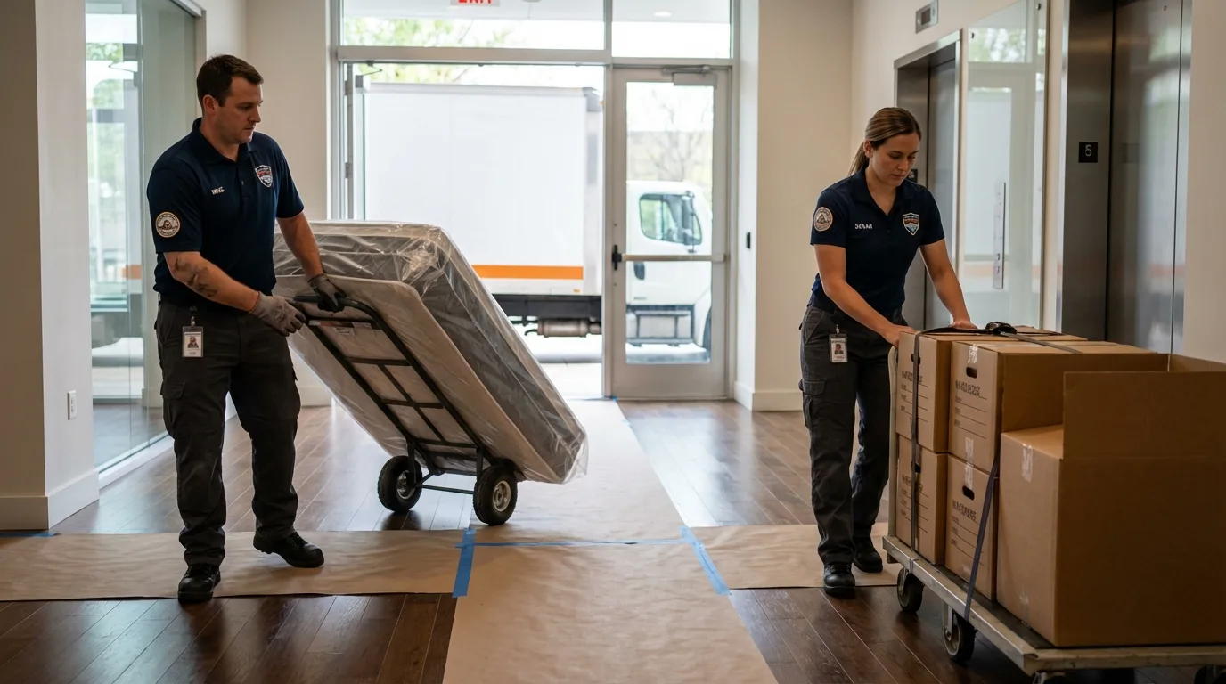 Professional apartment movers loading elevator in Banks, OR